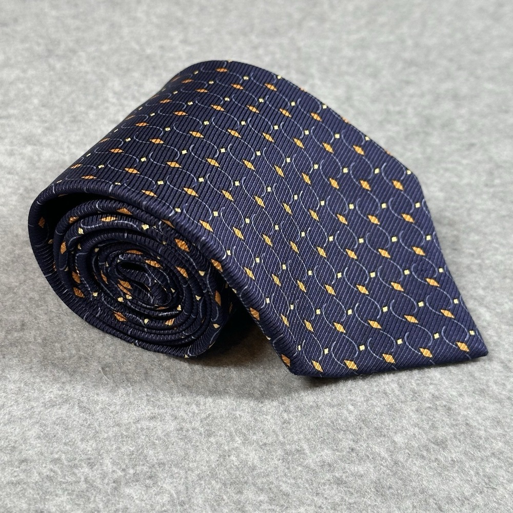 Brooks Basics Mens Silk Tie Navy Blue Geometric USA Classic Necktie 61x3.5in